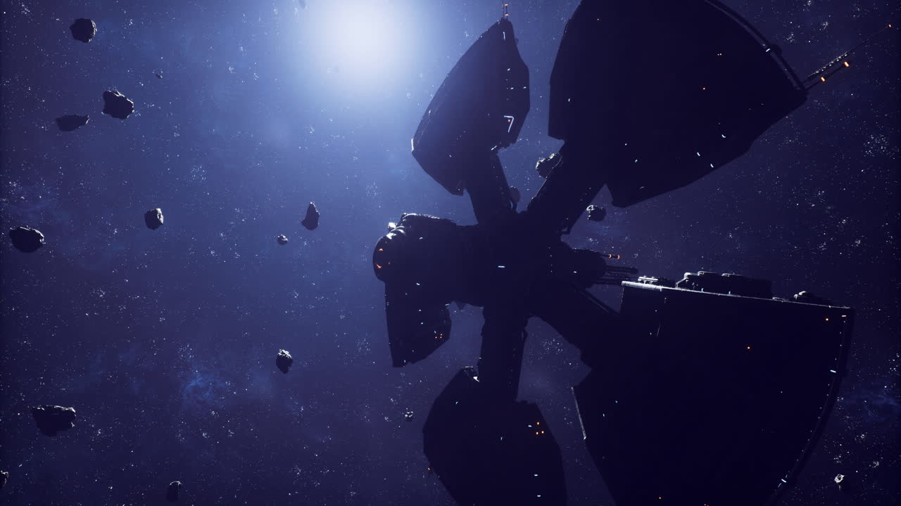 Esplorazione di un'astronave che naviga attraverso un campo di asteroidi nello spazio profondo.
