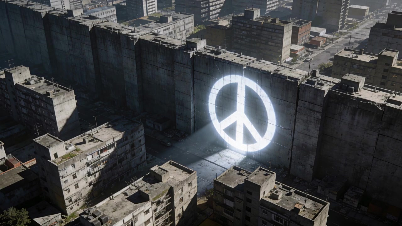 Camera starting, showing peace symbol casting beam on wall, signaling peace amid rooftop shadows
