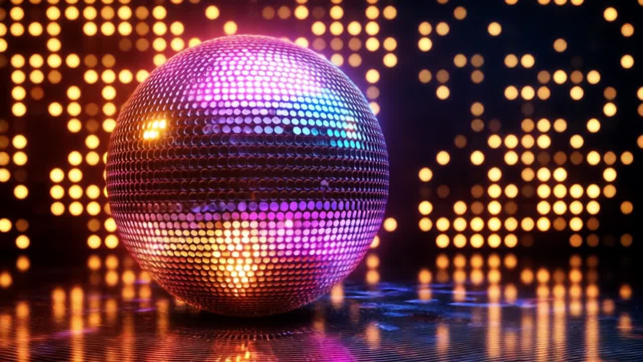 Vibrant lights on disco ball. A colorful disco ball shines and reflects light in a dark venue, creating an energetic atmosphere for dancing.