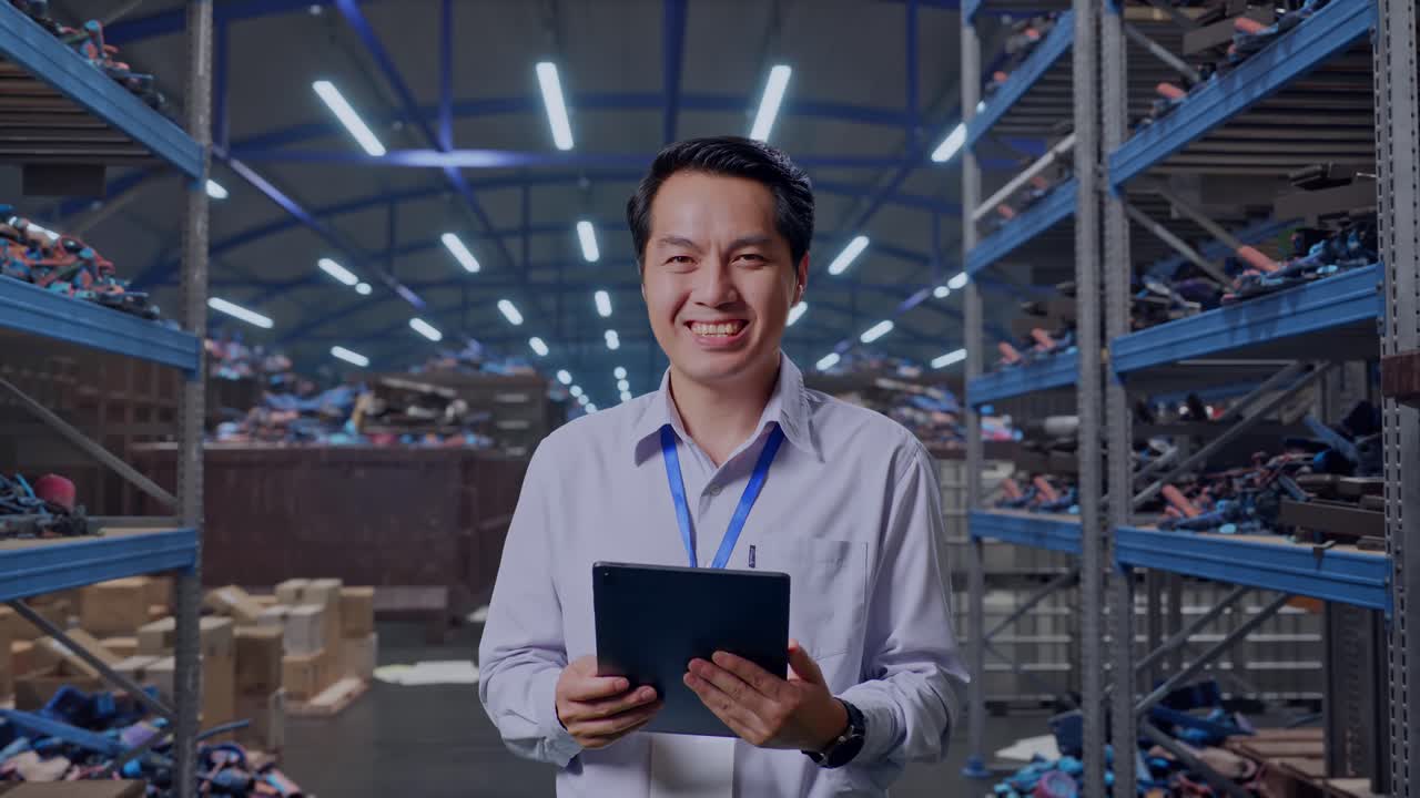 Professionista asiatico in piedi con il suo tablet, in un magazzino industriale di rottami metallici e riciclo, mentre guarda la fotocamera con un sorriso