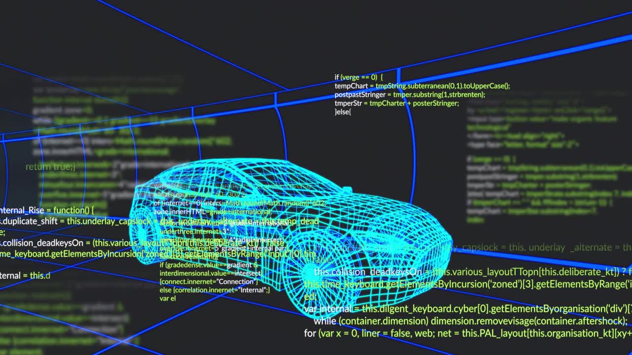 Code lines appearing around wireframe sedan while overlays scrolling to illustrate data integration
