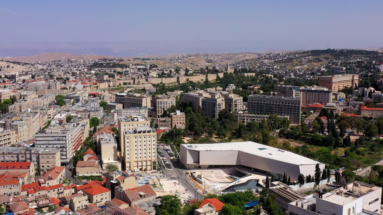 Aerial View of the Jerusalem Cityscape with Historic Walls and Modern Buildings