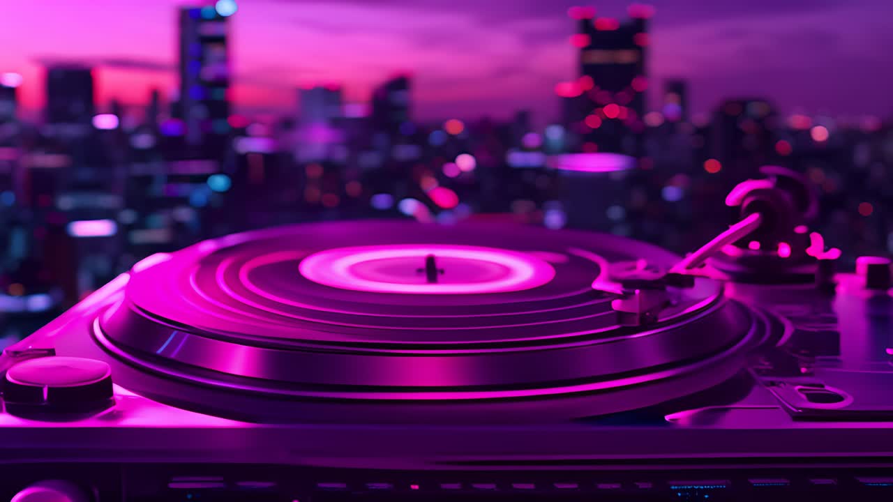 Retro Turntable in Neon Cityscape