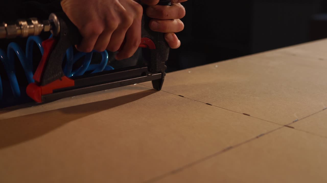 usando una pistola de clavos para montar paneles de madera