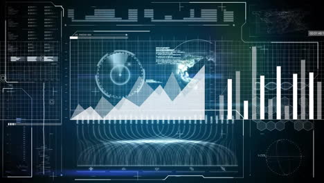 analizar los datos financieros con gráficos y gráficos animados en una interfaz digital futurista