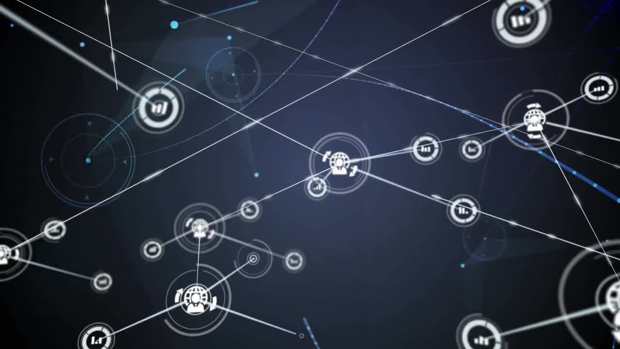animación de redes de conexiones con iconos sobre fondo negro