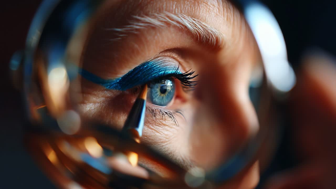 Close-Up of Eye Makeup Application: A Person Using a Magnifying Glass to Perfectly Apply Vibrant Blue Eyeliner, Showcasing Eye Detail and Precision in Beauty Routine