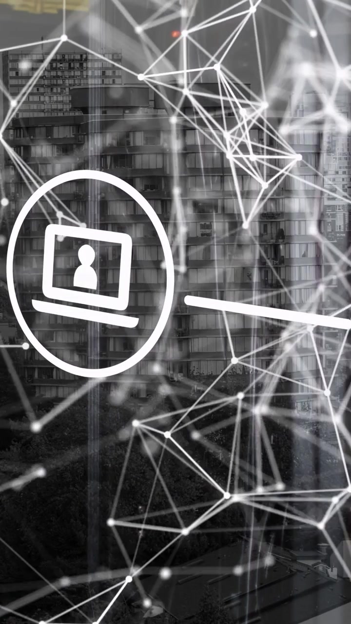 Vertical video: Laptop icon anchored as network drifting in from top right, showing tech connection