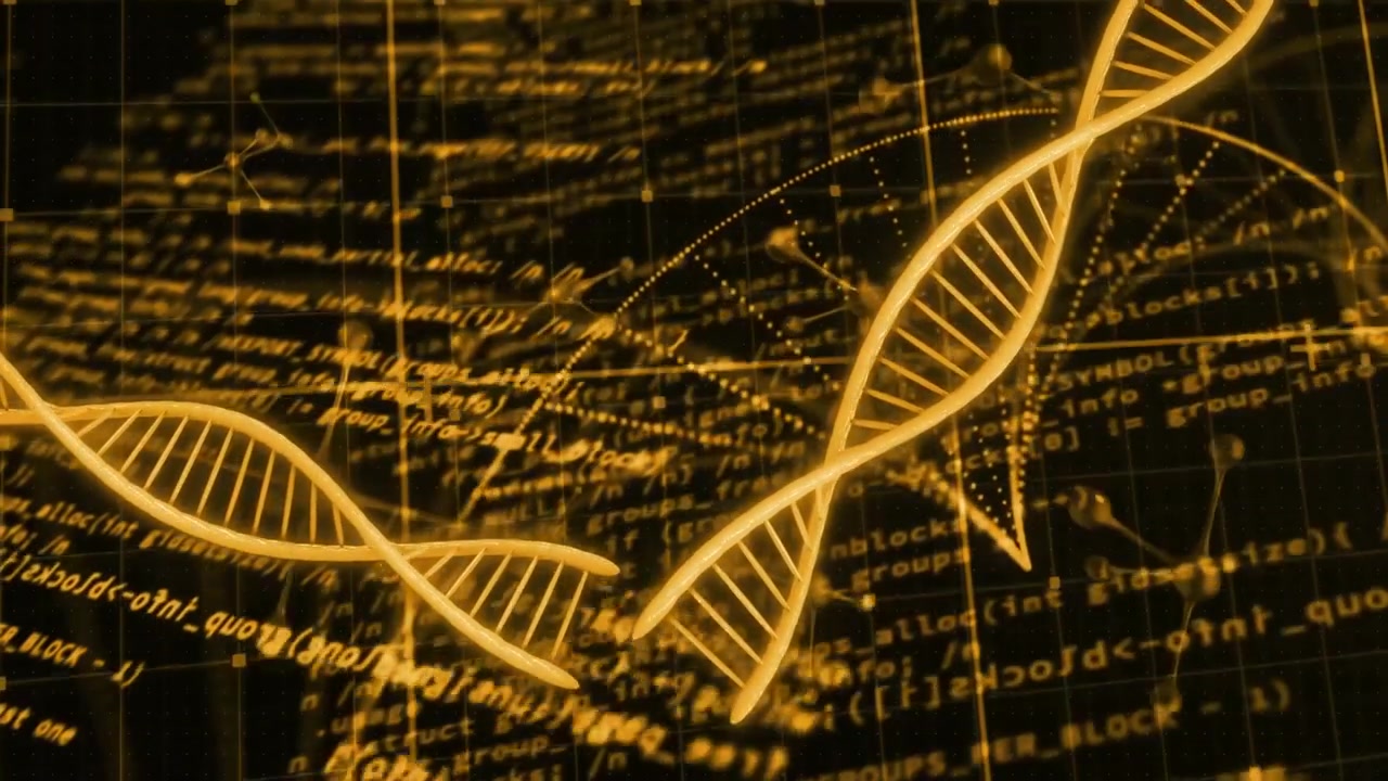 Golden DNA Helix Rotating with Digital Scan Overlay