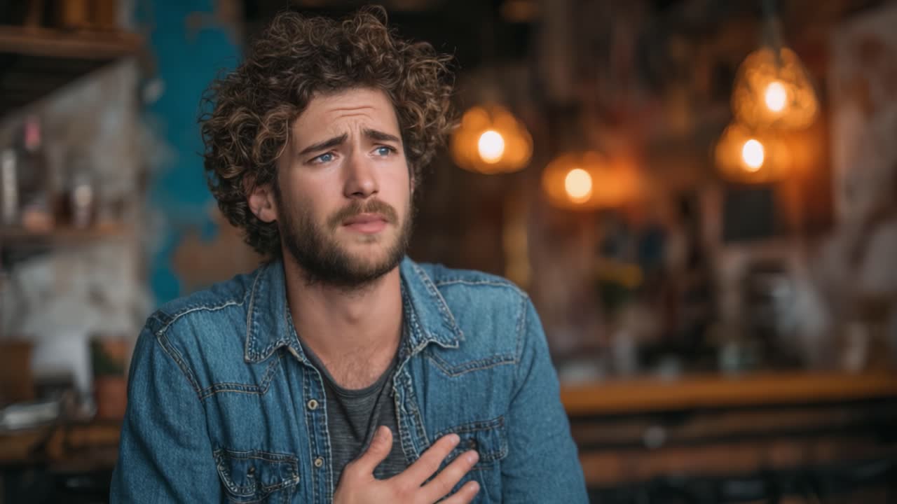 Un joven contemplativo expresa emociones profundas en un acogedor café, reflexionando sobre experiencias de vida mientras es iluminado por una cálida luz ambiental