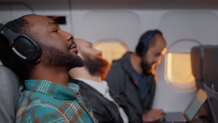 African american tourist using headphones on airplane flight