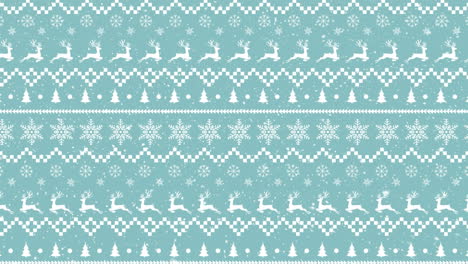 animation of snow falling over christmas reindeer pattern on blue background