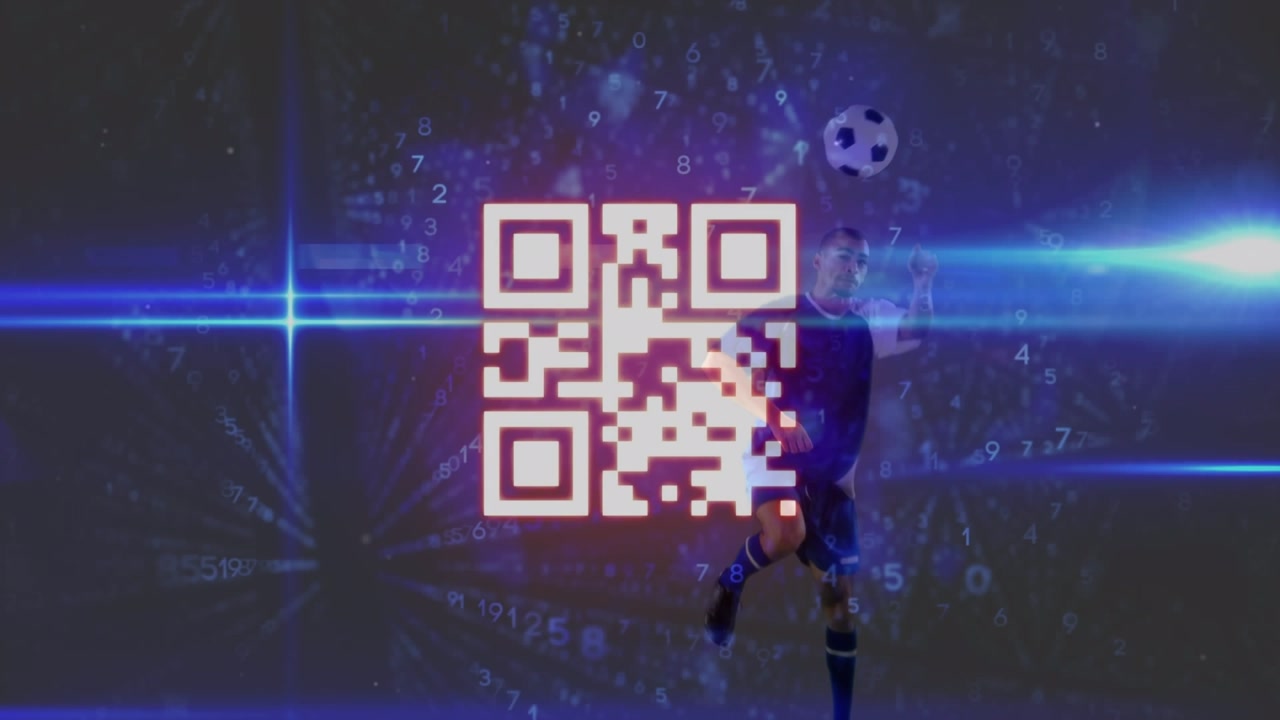 Neon qr code scanner and blue light spots against male soccer player heading the ball