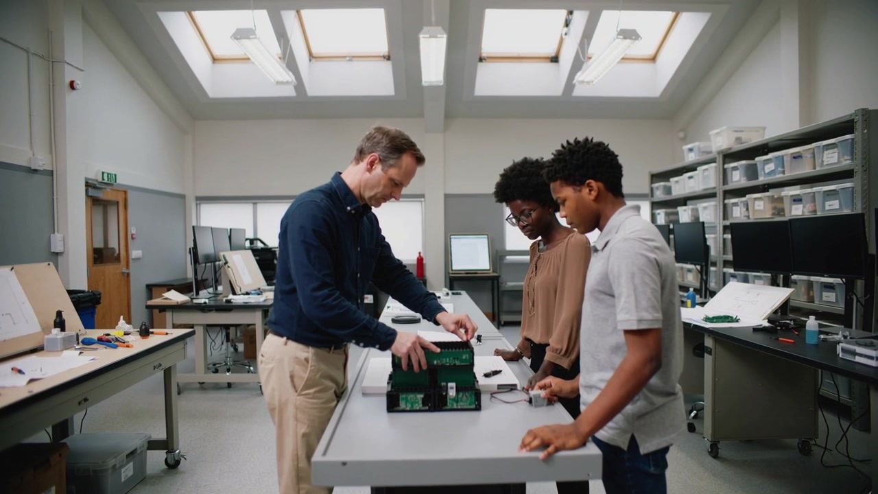 Showing instructor opening green device as students stepping up at lab picking components to learn