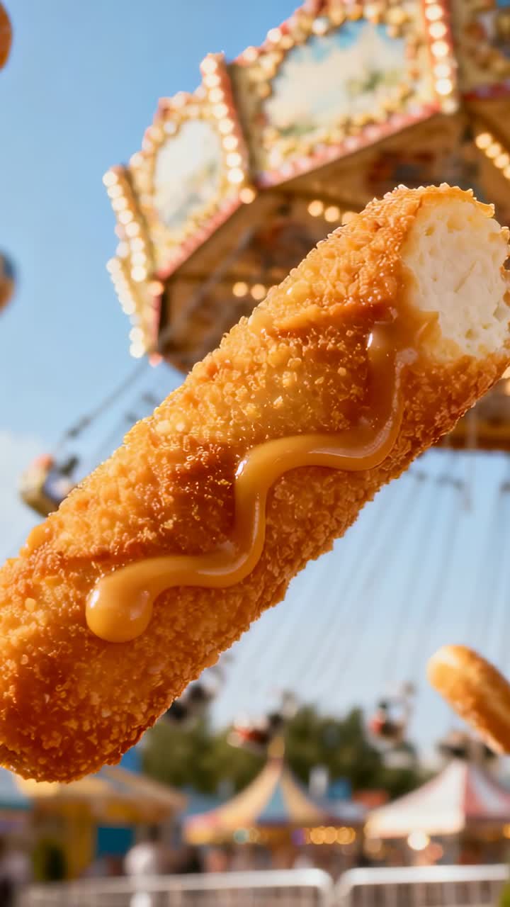 Vertical video: Tilting hand-held breaded stick rotating downward at carnival, showing sauce bite