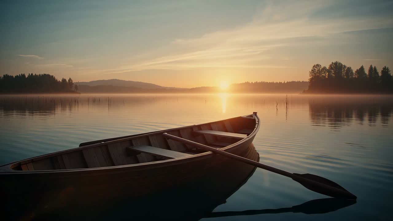 Canoa alla deriva che galleggia su un lago nebbioso mentre il sole appare all'orizzonte dissolvendo la nebbia, con un singolo remo