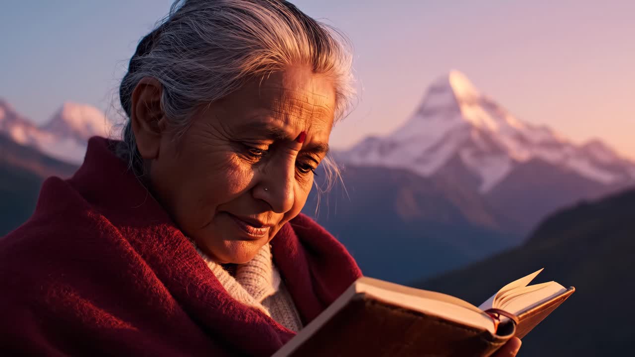 Elderly Woman Reading Book at Sunrise with Mountain Backdrop