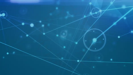 animation of network of connections and data processing over shapes on blue background