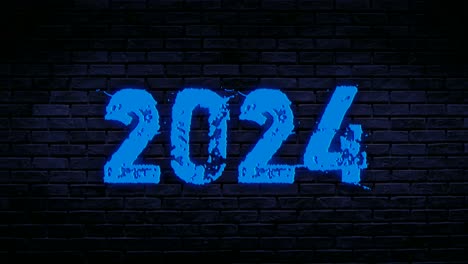 número 2024 animación de neón azul gráficos de movimiento en el fondo de la pared de ladrillo
