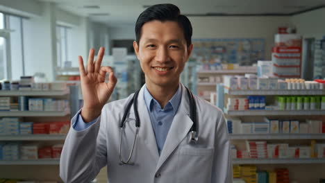 Asian pharmacist or doctor smiling and making an "OK" gesture in a pharmacy
