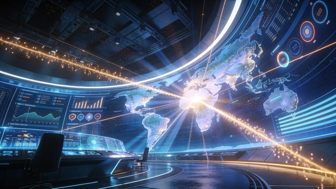 Animating holographic globe and world map as animation intensifying in ops room, with golden beams