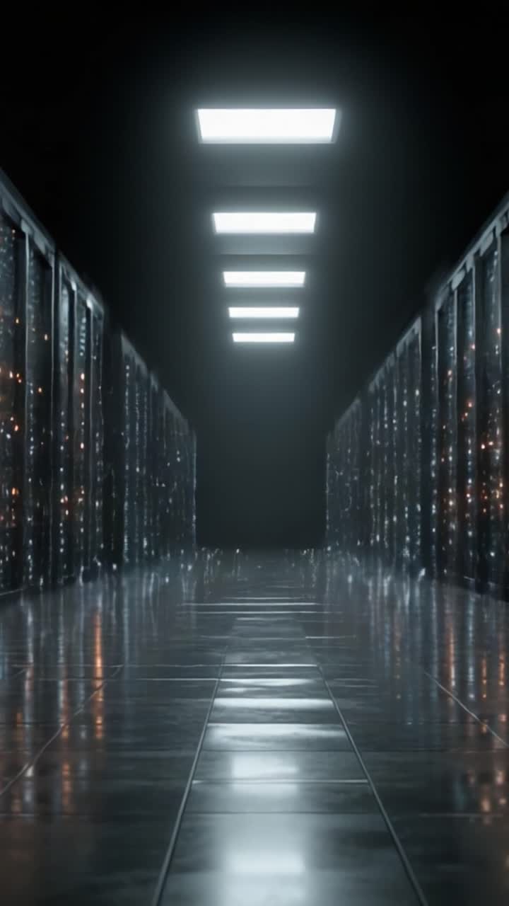 Udforskning af en højteknologisk korridor: Et dybt dyk ned i det innovative og futuristiske datacentermiljø med slanke stativer og oplyste gange