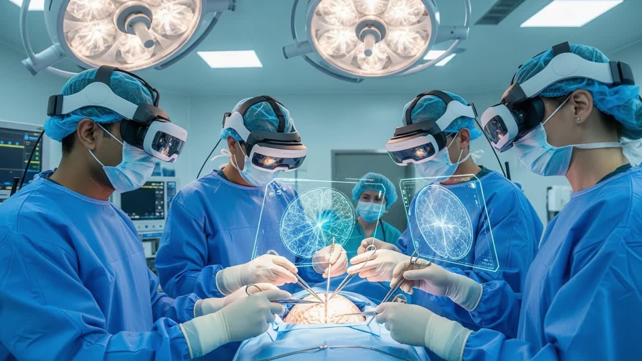 Surgeons Utilizing Advanced Virtual Reality Technology to Enhance Precision During a Complex Surgical Procedure in a Cutting-Edge Operating Room Environment
