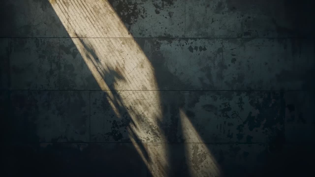 Sweeping diagonal light revealing two tall silhouettes walking on panelled wall, passing together