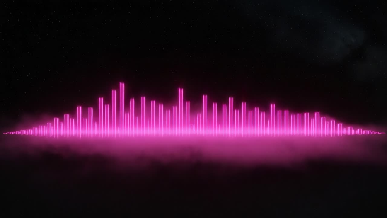 A mesmerizing neon pink soundwave visualization, showcasing pulsating bars against a dark starry background, blending dynamically with ethereal clouds