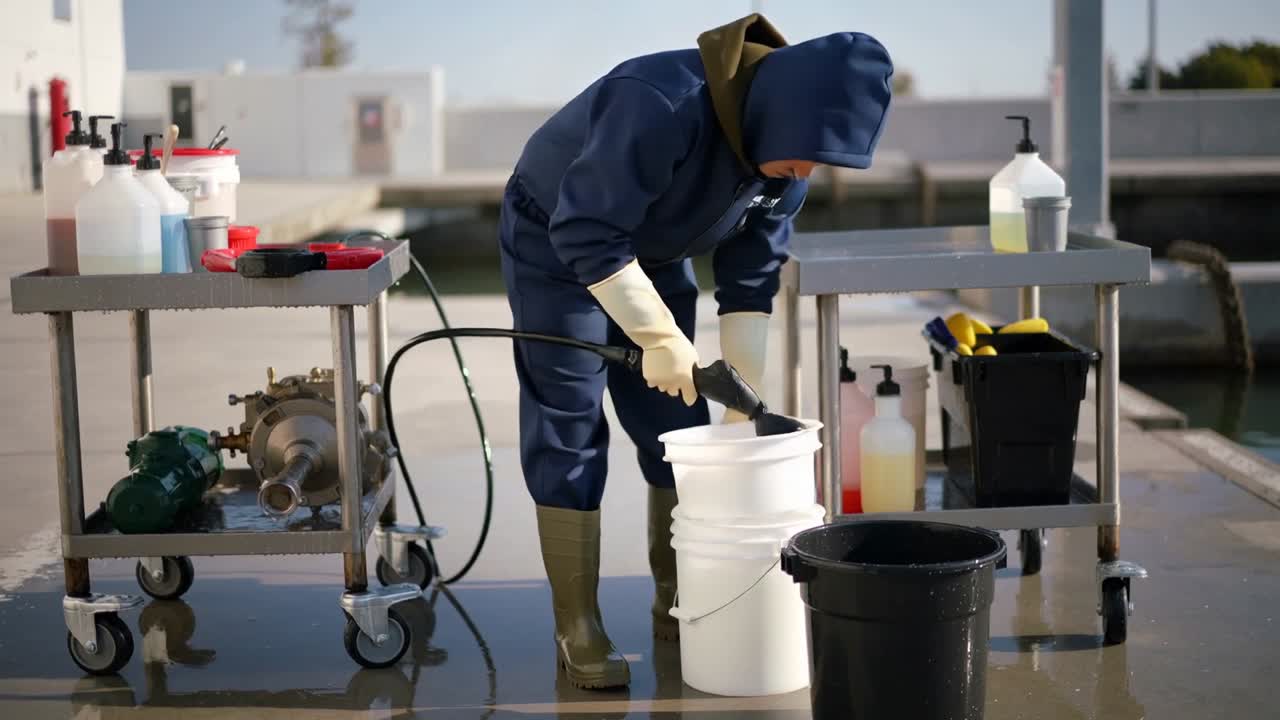 Spraying hose nozzle, worker in navy coveralls rinsing carts and bucket on dock, preparing carts