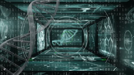 Scope scanning over dna structure spinning against screens on binary coding data processing