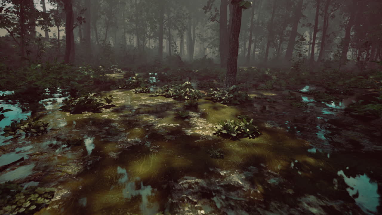 Mysterious forest landscape with fog and vibrant greenery at dusk