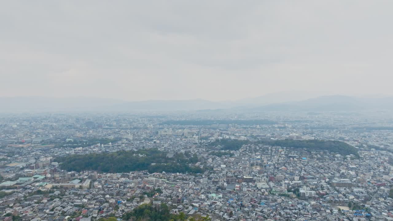 Establishing Aerial fly Kyoto City Japan from Mt. Daimonji Above Ginkaku-ji Temple