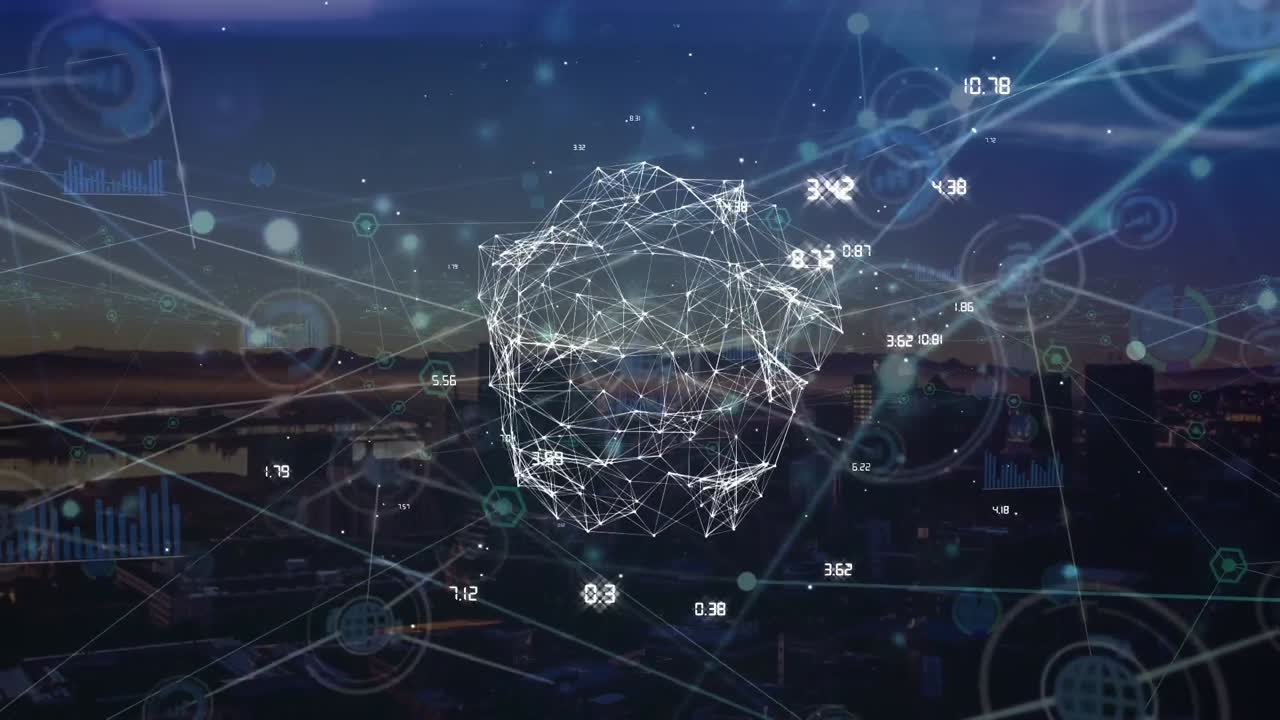 animación del globo a través de la red de conexiones y el paisaje urbano.