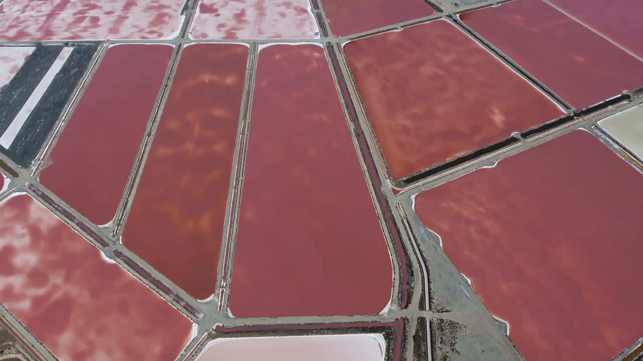 Aigue-Mortes'teki tuzlalar, pembe su. Havadan drone görüntüsü