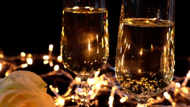Calici da champagne e una rosa sullo sfondo di ghirlande luminose