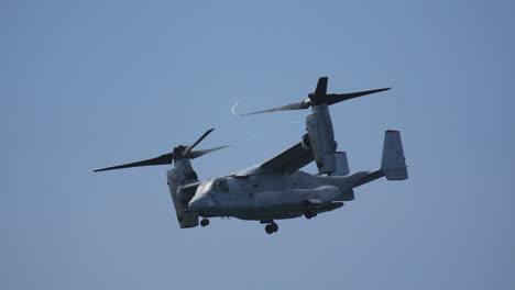 mv22 osprey flying low in a blue sky