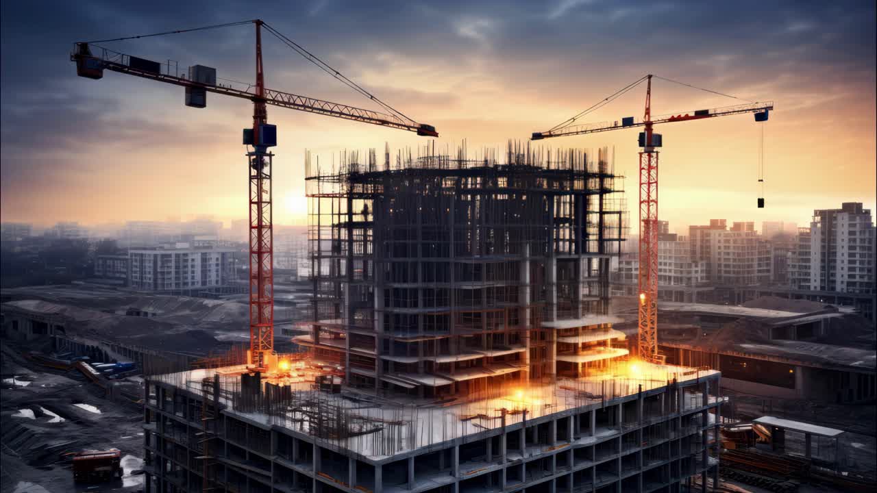 Construction of a high rise building in a city, cranes working, modern architecture, day to midnight
