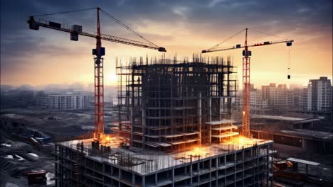 construction of a high rise building in a city, cranes working, modern architecture, day to midnight