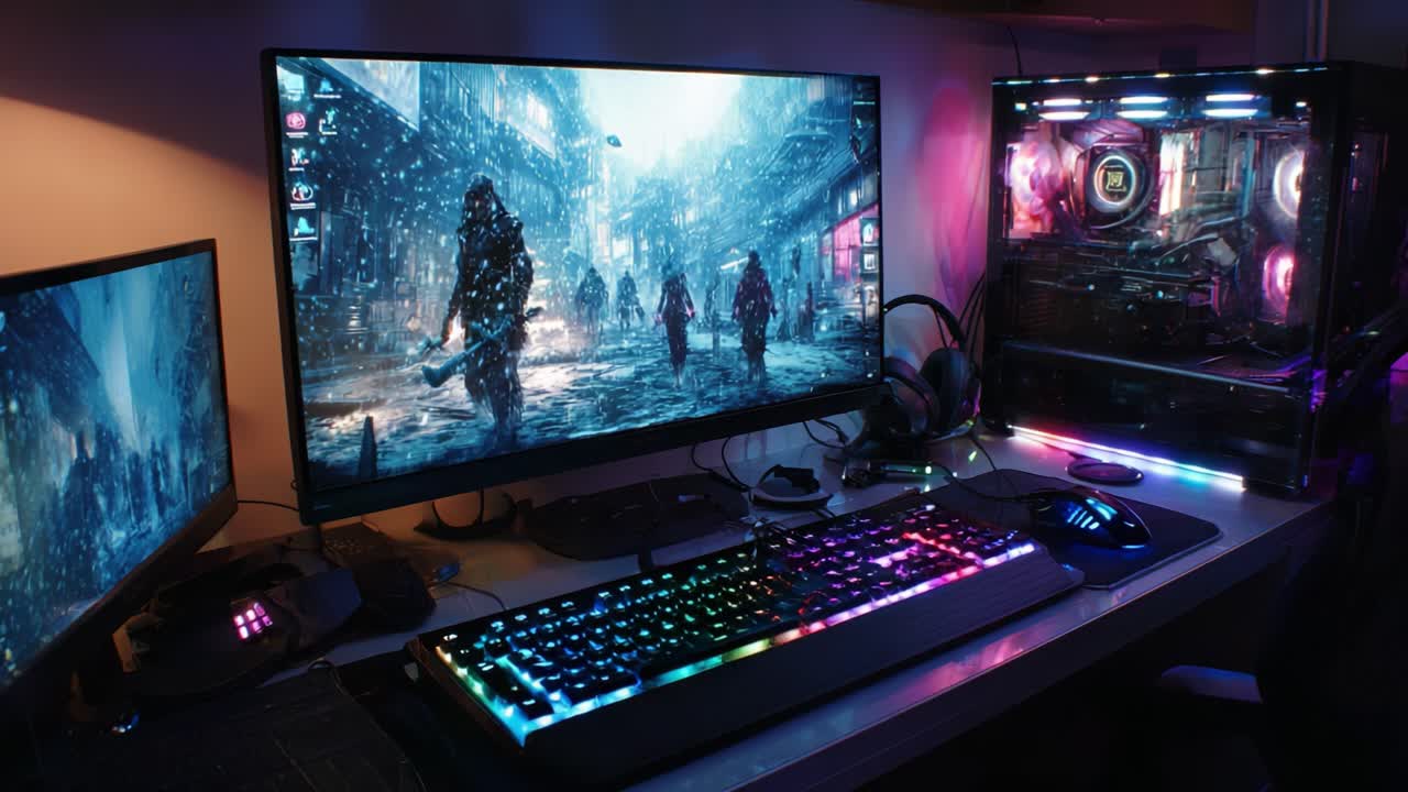 A Stunning Gaming Setup Illuminated with RGB Lighting, Featuring a Dual-Monitor Configuration and a High-Performance PC Enclosed in a Glass Case, Set Against an Atmospheric Background