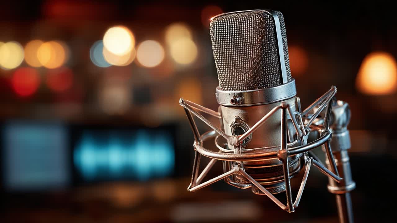 A Close-Up of a Vintage Condenser Microphone Captured in a Warmly Lit Studio Environment Emphasizing the Essentials of Sound Recording and Audio Production