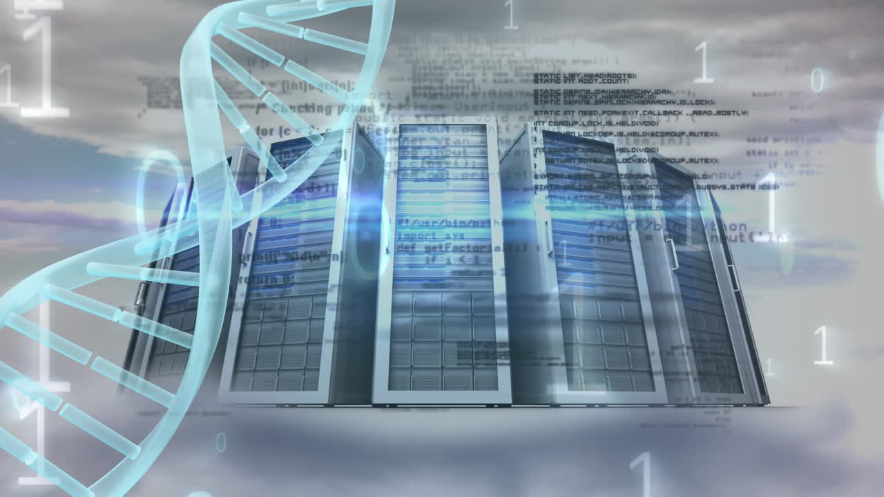 Computers console with dna and binary code animation