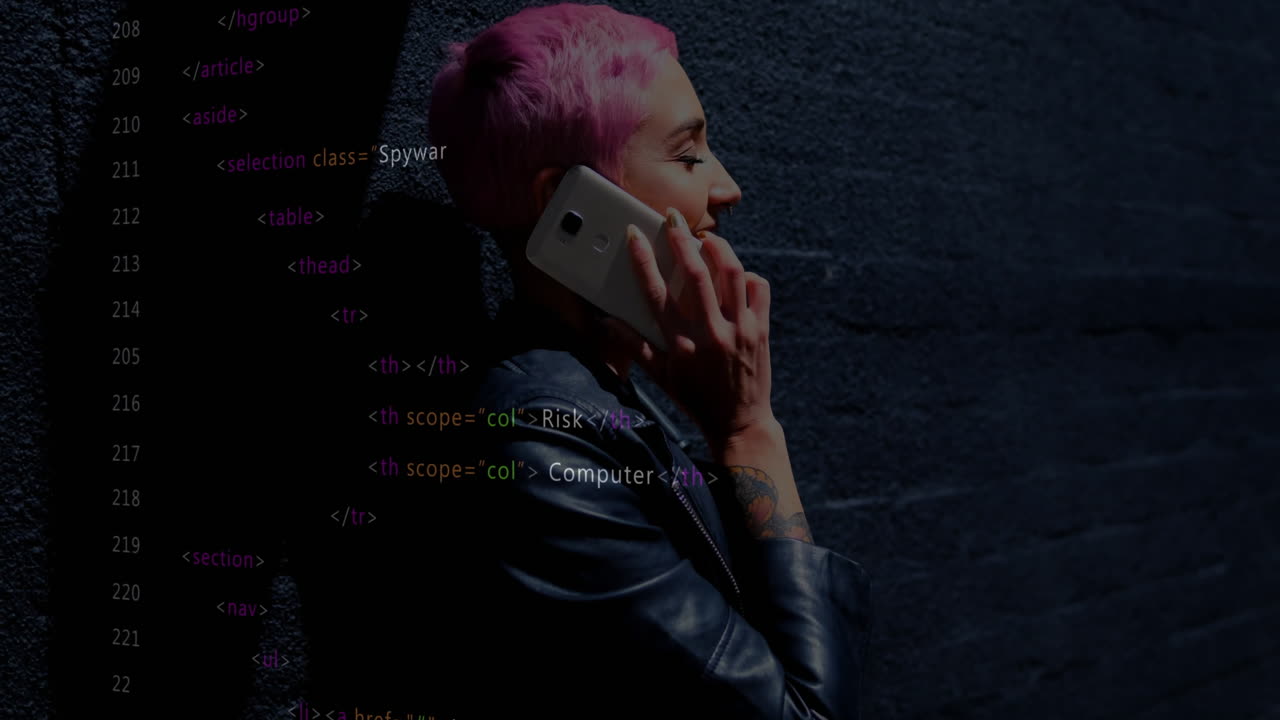 Talking on phone, person with pink hair overlaid with HTML code animation