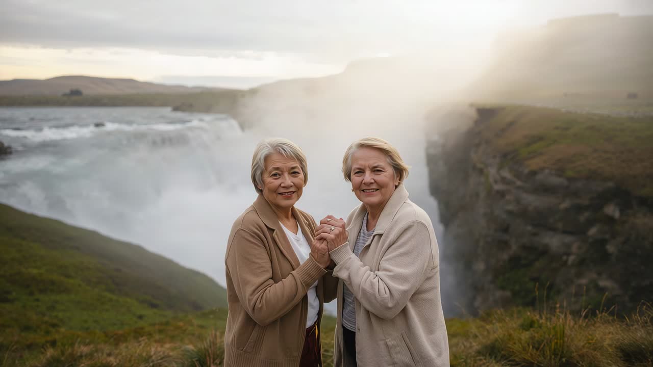 Holding hands, two senior women sharing smiles by waterfall as camera zooming, coats, rings