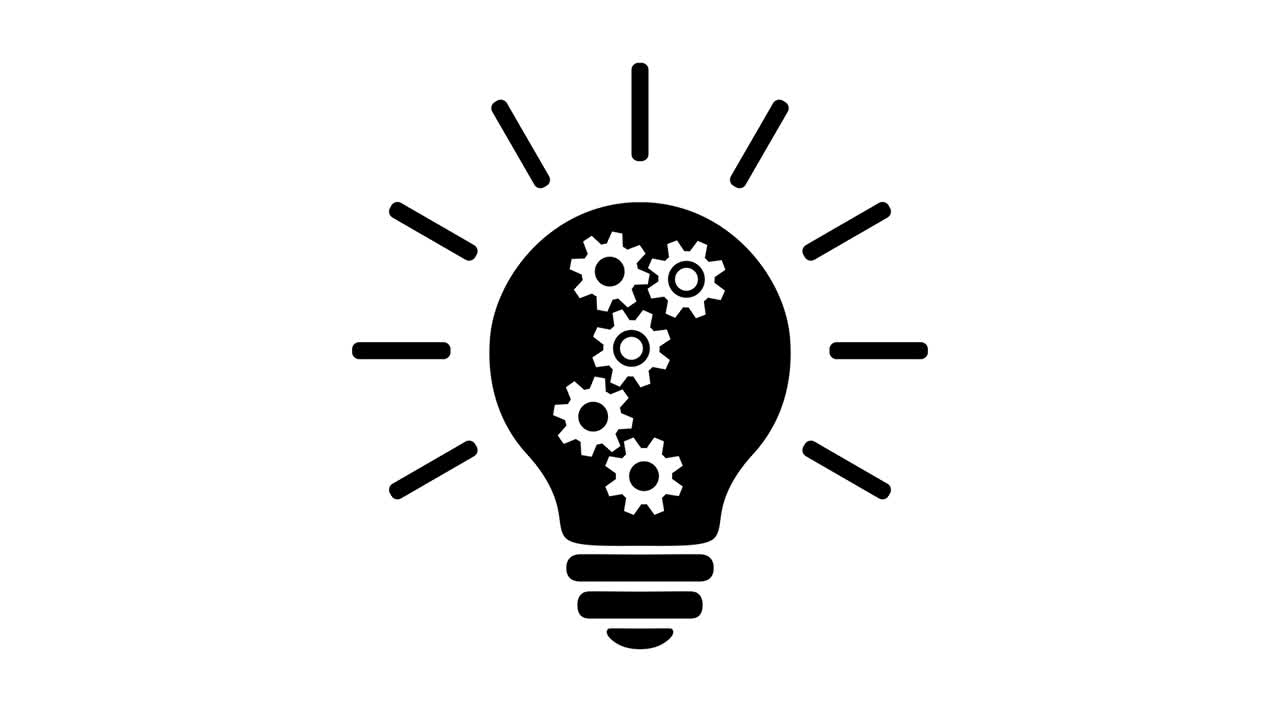 Lamp bulb with 5 gears (cog wheels) rotating inside, turns on and off, black and white simple flat icon.