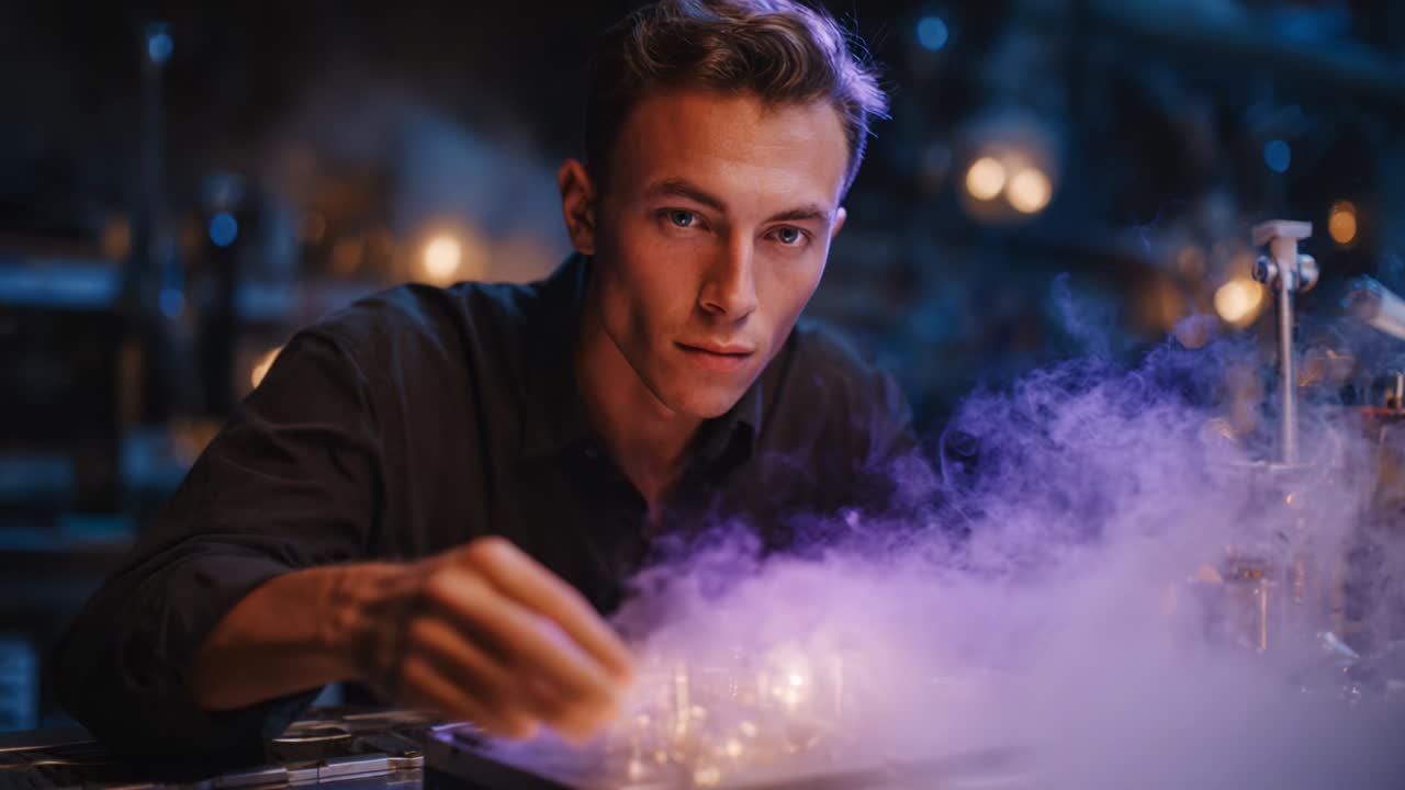 A Young Scientist Engaged in Experimentation with Magical-looking Smoke and Illuminated Elements, Creating a Mystical Atmosphere of Discovery and Innovation in a Dimly Lit Laboratory Setting