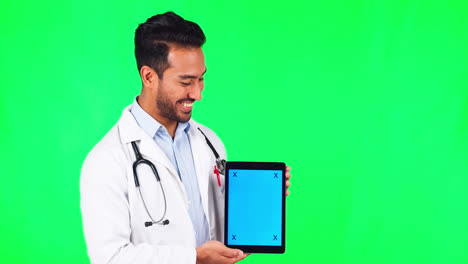 Asian-man,-doctor-and-tablet-mockup-on-green