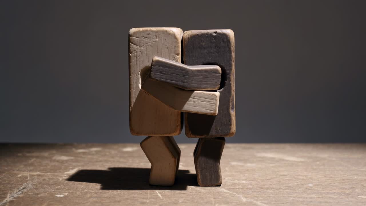 Zwei Holzfiguren entdecken sich, gehen, springen und umarmen sich auf der Tischplatte, während sie wieder zusammenfinden.