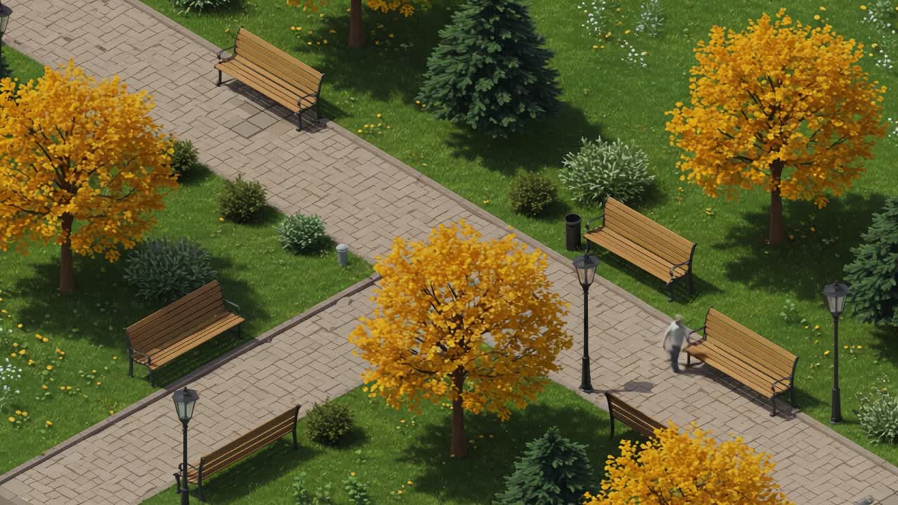 A Serene Autumn Park Scene Capturing Vibrant Orange Trees, Well-Maintained Pathways, and Peaceful Benches for Leisurely Walks and Relaxation in Nature's Embrace