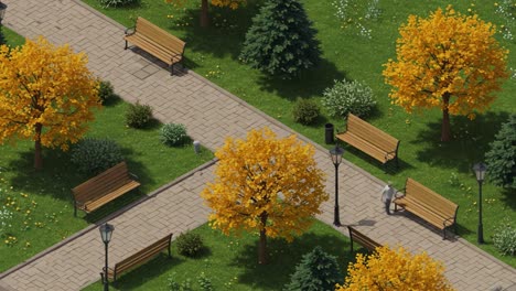 a serene autumn park scene capturing vibrant orange trees, well-maintained pathways, and peaceful benches for leisurely walks and relaxation in nature's embrace